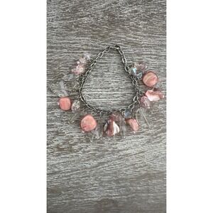 Vintage Crystal Beaded Dangle Charm Bracelet Multicolor Pink Glass Silver